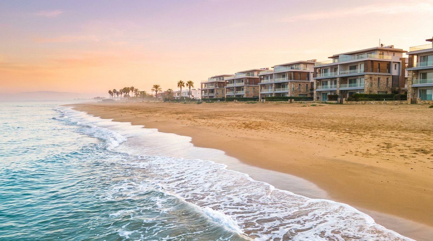 Gün doğumunda İskele Long Beach sahili ve sahil rezidansları