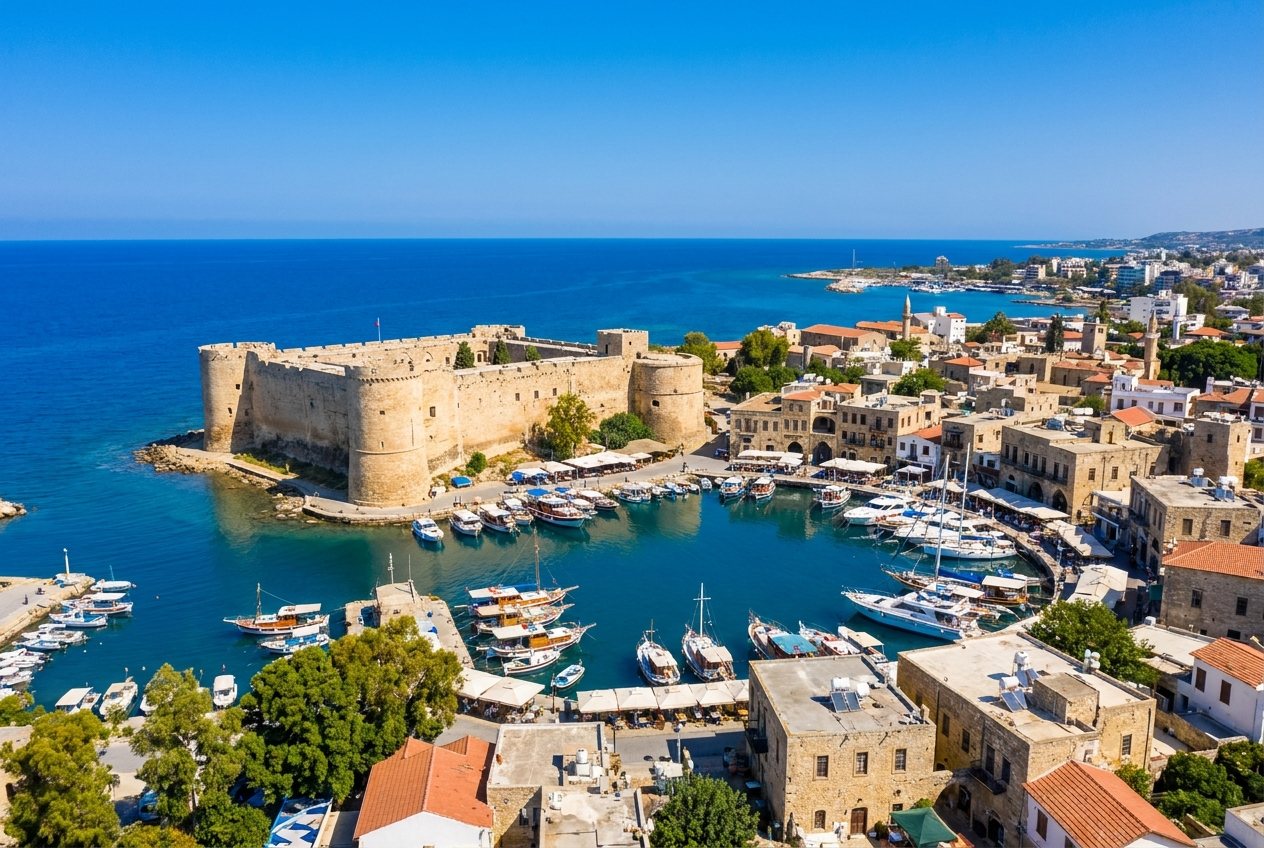 Girne antik limanı ve kalesinin havadan görünümü