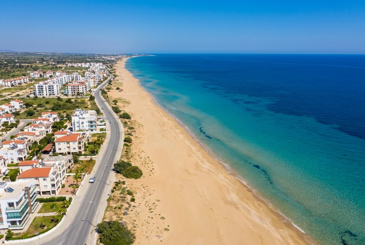 İskele Long Beach sahilinin havadan görünümü